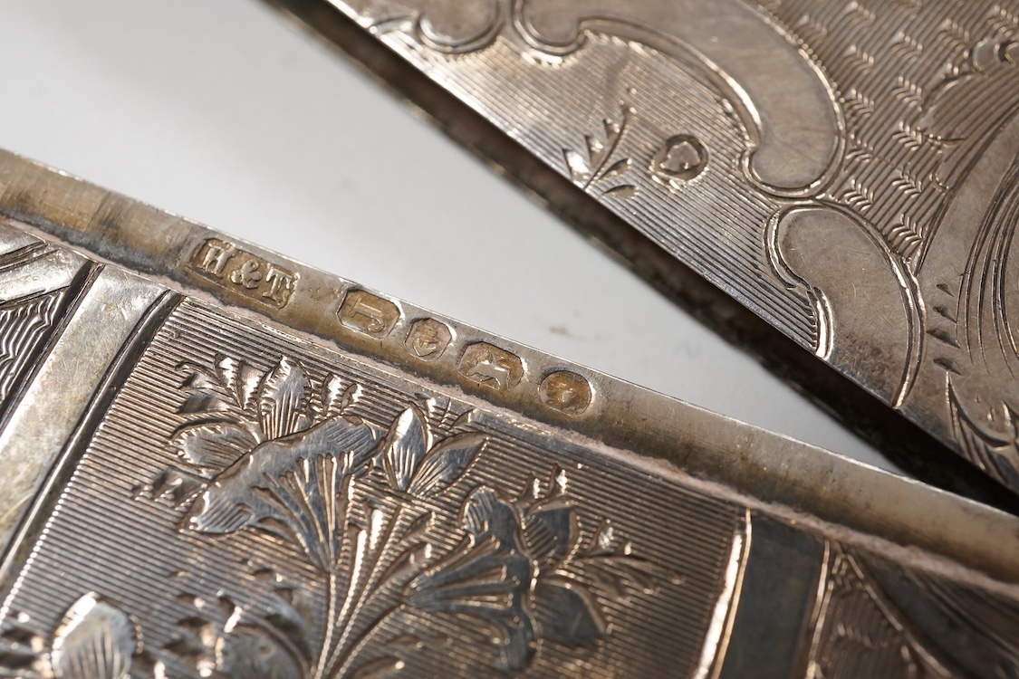 Small silver including a pair of Victorian provincial fiddle pattern sauce ladles, Robert Williams & Sons, Exeter, 1845, 16.6cm, a Victorian card case by Hilliard & Thomasson, two vesta cases, a sovereign case, a 1970's